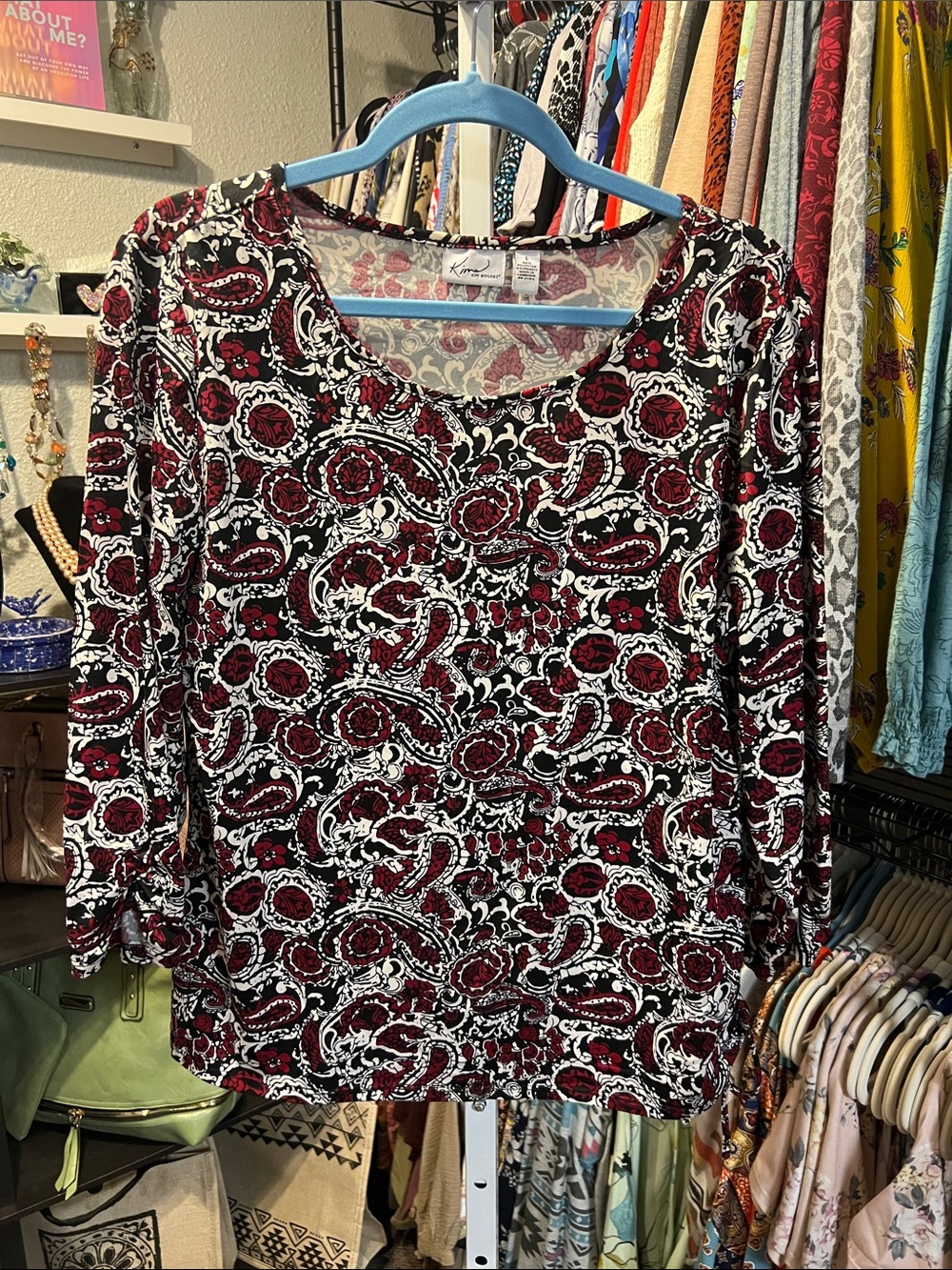 Kim Rogers Black and Red Paisley Scoop Neck Long Sleeve Top